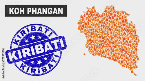 Vector composition of fire Koh Phangan map and blue round distress Kiribati seal. Fiery Koh Phangan map mosaic of fire symbols. Vector combination for fire protection services, and Kiribati overlay.