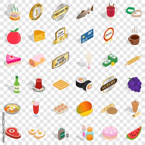 Food icons set. Isometric style of 36 food vector icons for web for any design