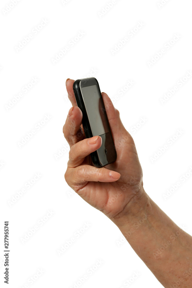 Female hand holding modern smartphone on white background Female hand holding modern smartphone on white background