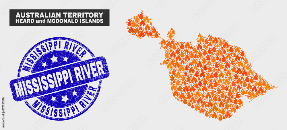 Vector collage of flame Heard and McDonald Islands map and blue rounded grunge Mississippi River stamp. Orange Heard and McDonald Islands map mosaic of flame symbols.
