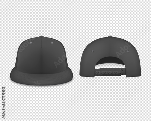 Vector 3d Realistic Render Black Blank Baseball Snapback Cap Icon Set Closeup Isolated on Transparent Background. Design Template for Mock-up, Branding, Advertise. Front and Back View