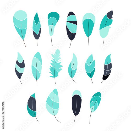 Fototapeta Naklejka Na Ścianę i Meble -  Vector collection,set of beautiful feathers. Soft colors. Turquoise,blue,green,beige shades elements. 