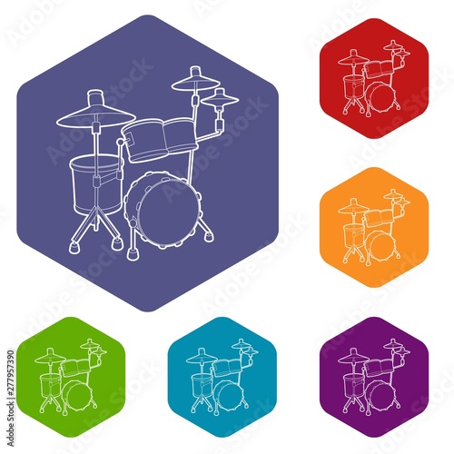 Drum icons vector colorful hexahedron set collection isolated on white