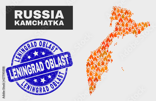 Vector collage of fire Kamchatka map and blue rounded distress Leningrad Oblast seal stamp. Fiery Kamchatka map mosaic of wildfire symbols. Vector collage for fire protection services,