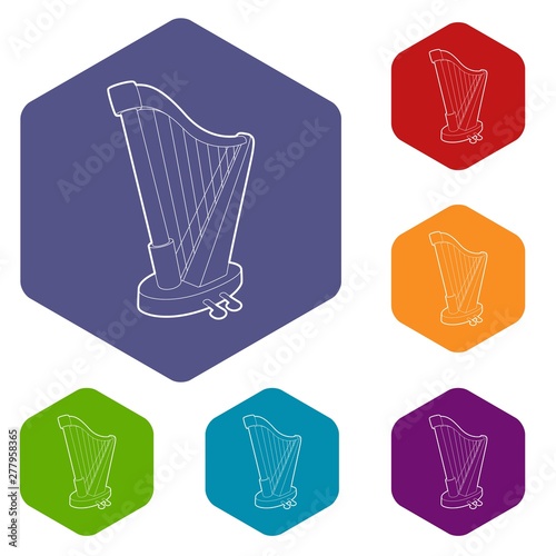 Harp icons vector colorful hexahedron set collection isolated on white