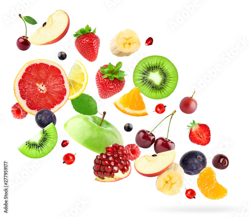 Fototapeta Naklejka Na Ścianę i Meble -  Mixed fruits on white background. Falling fruits