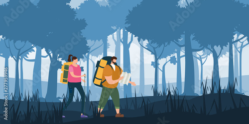 Tourists cute couple in love performing outdoor touristic activity - adventure travel, hiking walking trip