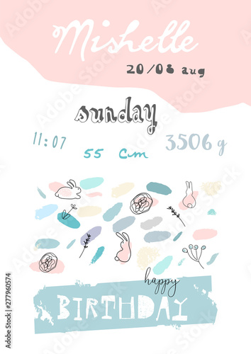 Hand drawn abstract pastel baby shower card with brush confetti