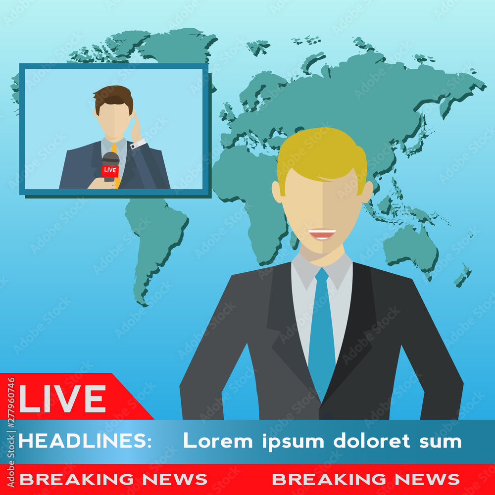 News anchor broadcasting the news with a reporter live on screen vector illustration News anchor broadcasting the news with a reporter live on screen vector illustration
