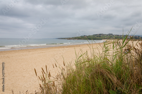 Deserted beach landscape with greenery in the foreground, a cloudy summer afternoon in Cantabria, Spain, Europe