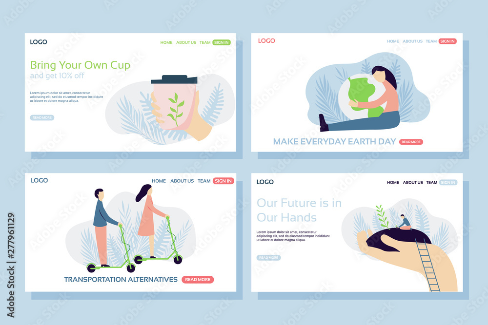 Ecology web page concepts. Web page design templates set of reusable cup, hugging the planet, transportation alternatives, planting a tree. Modern vector illustration designs for website development