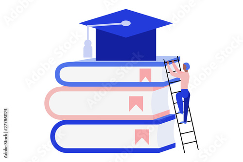 Man climbing up a ladder. Man climbing on giant books to reach graduation cap. Online education concept. Flat vector illustration