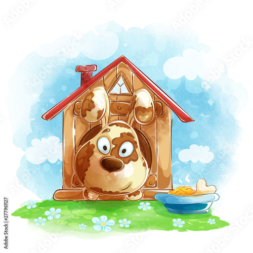 Funny cute dog looks out of a doghouse, a bowl of food and bone. Vector cartoon children illustration. Stylish hand drawing and watercolor.