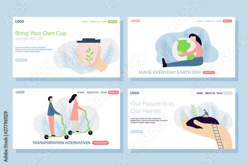 Ecology web page concepts. Web page design templates set of reusable cup, hugging the planet, transportation alternatives, planting a tree. Modern vector illustration designs for website development
