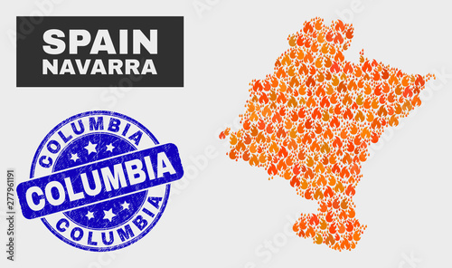 Vector collage of flamed Navarra Province map and blue round distress Columbia seal stamp. Orange Navarra Province map mosaic of fire elements. Vector collage for emergency services,