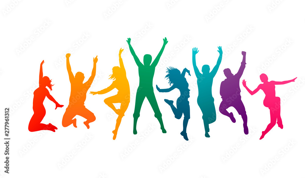 Colorful happy group people jump vector illustration silhouette. Cheerful man and woman isolated. Jumping fun friends background. Expressive dance dancing, jazz, funk, hip-hop