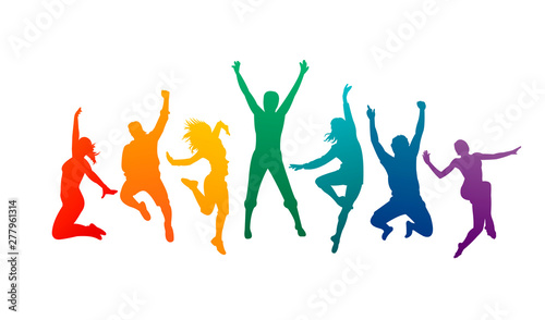 Colorful happy group people jump vector illustration silhouette. Cheerful man and woman isolated. Jumping fun friends background. Expressive dance dancing, jazz, funk, hip-hop