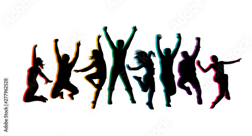 Colorful happy group people jump vector illustration silhouette. Cheerful man and woman isolated. Jumping fun friends background. Expressive dance dancing, jazz, funk, hip-hop