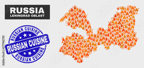 Vector collage of fire Leningrad Region map and blue rounded grunge Russian Cuisine seal stamp. Orange Leningrad Region map mosaic of fire symbols. Vector collage for safety services,