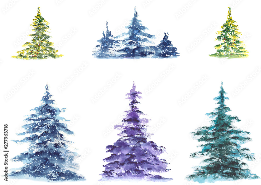 Set of Christmas trees. Watercolor illustration on white background. Isolated elements for design.
