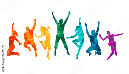 Obraz Kolorowi szczęśliwi grupowi ludzie skaczą wektorową ilustracyjną sylwetkę. Rozochocony mężczyzna i kobieta odizolowywający. Skoki zabawy znajomych tło. Ekspresyjny taniec taneczny, jazz, funk, hip-hop