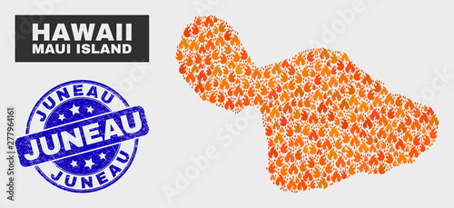 Vector composition of burn Maui Island map and blue rounded grunge Juneau seal stamp. Orange Maui Island map mosaic of flame symbols. Vector composition for emergency services, and Juneau seal.