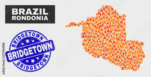 Vector collage of flame Rondonia State map and blue rounded grunge Bridgetown watermark. Orange Rondonia State map mosaic of flame elements. Vector collage for insurance services,