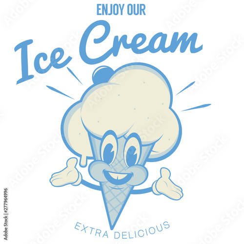 retro cartoon illustration of a happy ice cream cone mascot