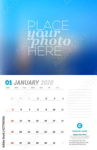 Wall calendar planner template. Vector stationery design print template with place for photo