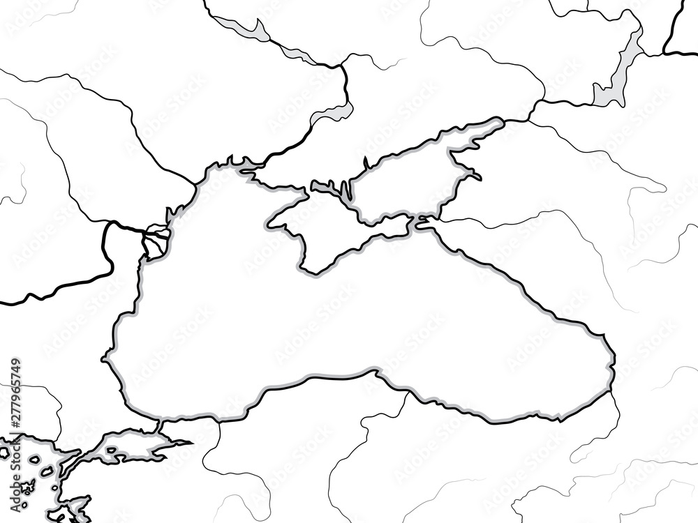 Map of The BLACK SEA basin: Black Sea (Pontus Euxinus), Azov Sea (Mæotis), Crimea & Circum-Pontic countries: Bulgaria, Romania, Ukraïne, Turkey, Georgia. Geographic chart with coastline and rivers.