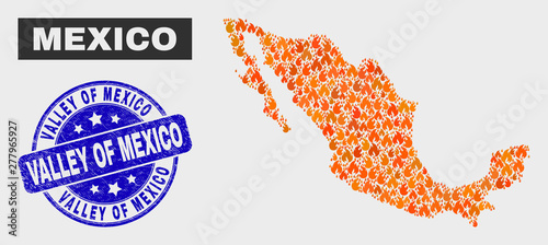 Vector composition of fire Mexico map and blue round grunge Valley of Mexico watermark. Orange Mexico map mosaic of fire icons. Vector composition for insurance services, and Valley of Mexico seal.