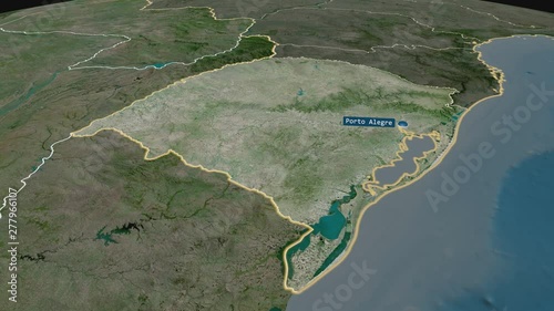 Rio Grande Do Sul - state of Brazil with its capital zoomed on the satellite map of the globe. Animation 3D