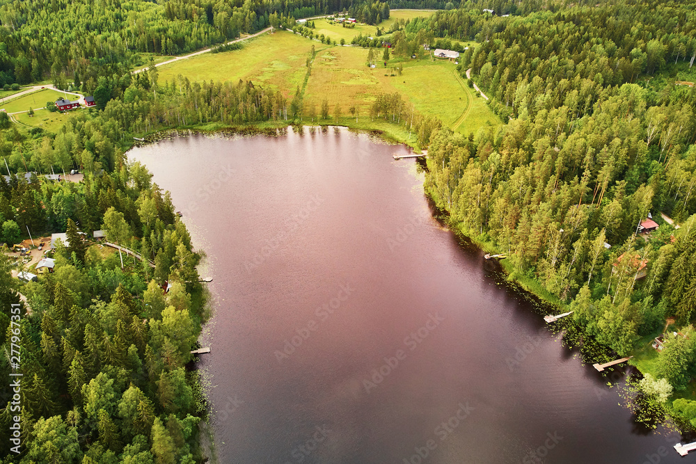 Scenic aerial view of Helgtrask lake in Sipoonkorpi national park