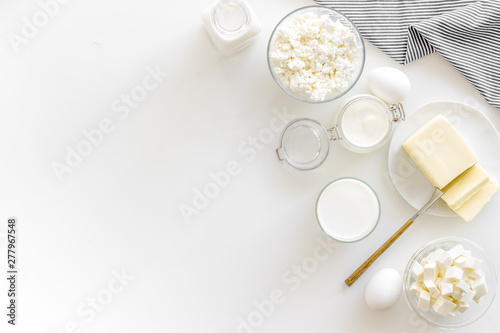 Breakfast on farm with dairy products on white background top view space for text