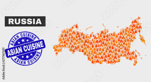 Vector composition of fire Russia map and blue round textured Asian Cuisine stamp. Fiery Russia map mosaic of fire elements. Vector composition for fire protection services,