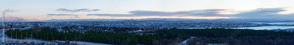 120° high quality wide angle panorama of West Reykjavik in Iceland from Perlan during sunset