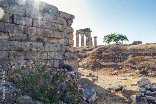 Archaeological site with archaic Temple of Apollo, Dorian columns, Corinth, Greece