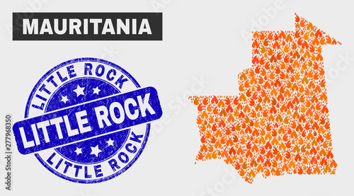 Vector collage of fire Mauritania map and blue round grunge Little Rock seal stamp. Orange Mauritania map mosaic of flame symbols. Vector collage for guard services, and Little Rock rubber imitation.