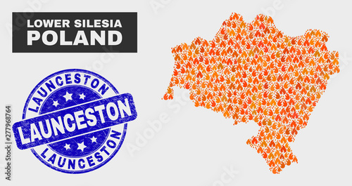Vector composition of burn Lower Silesia Province map and blue rounded grunge Launceston seal stamp. Orange Lower Silesia Province map mosaic of flame icons. Vector collage for safety services,