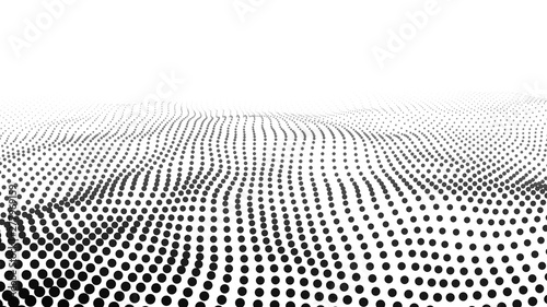 Abstract dynamic wave of particles. Big data. Low poly shape. Wave of gradient dots on white background. Futuristic vector illustration.