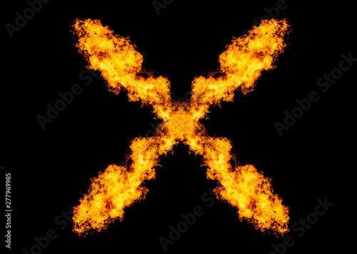 Flame cross, fire X symbol isolated on black