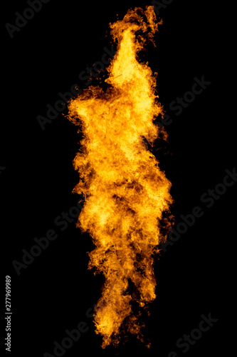 Bright isolated fire, flame stream goes from flamethrower.