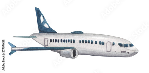 Watercolor stylized airliner on a white background for compositions on the theme of leisure, travel, holidays, flights to other cities and countries.
