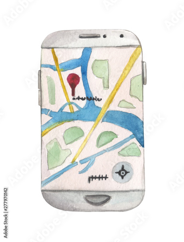 Watercolor mobile phone with navigation enabled with a map for the tourist element on a white background for compositions on the theme of leisure, travel, vacation