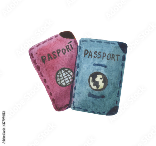 Watercolor foreign passports, to identify the identity of the tourist elements on a white background for compositions on the theme of leisure, travel, vacation