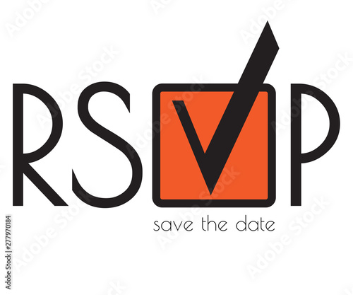 Inscription RSVP in the style of the title grotesk in individual design with a check mark in the coral frame for voting, with text "save the date"; for print in banner, card, sticker or digital use