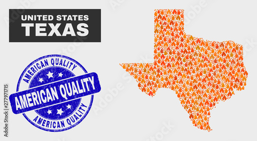 Vector collage of fire Texas State map and blue round distress American Quality seal stamp. Fiery Texas State map mosaic of flame items. Vector collage for fire protection services,