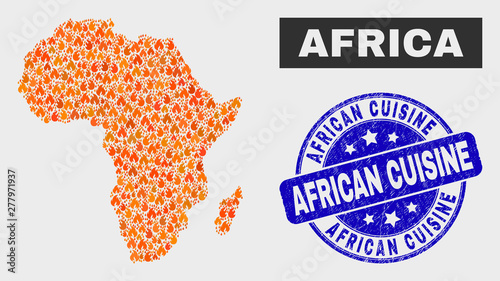 Vector composition of wildfire Africa map and blue rounded textured African Cuisine seal stamp. Fiery Africa map mosaic of wildfire icons. Vector combination for fire protection services,