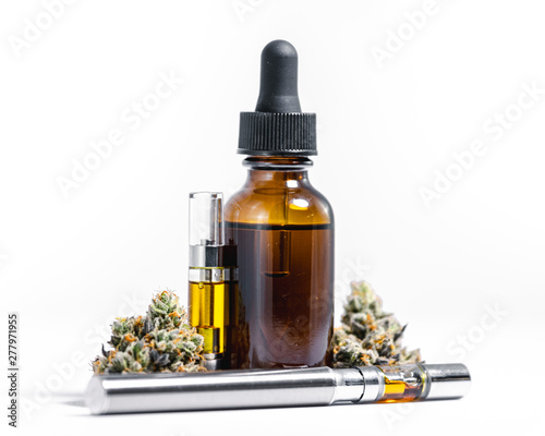 Hemp Oil Vial and Vape Pen with CBD Marijuana for Treatment or Recreation