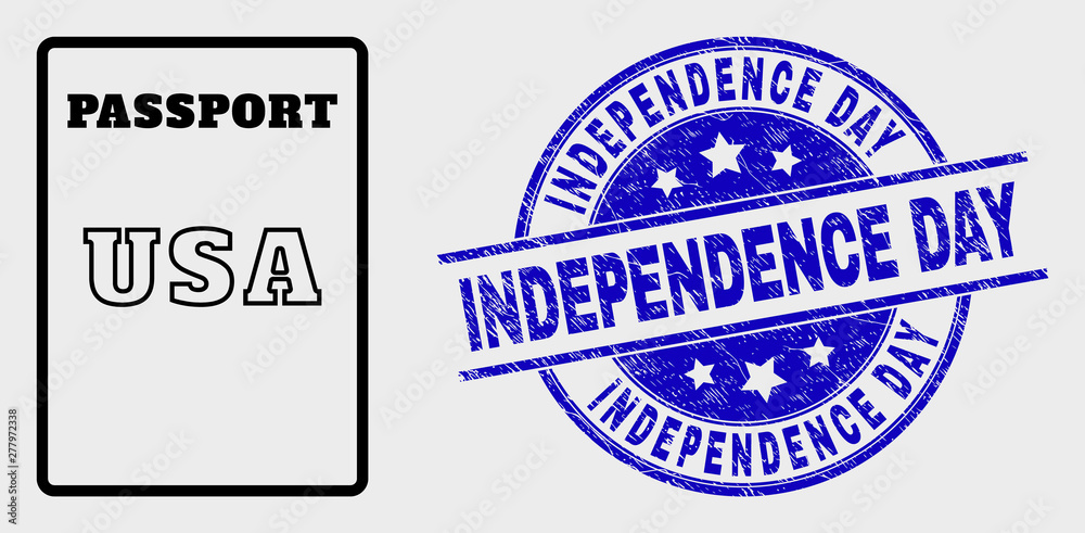 Obraz premium Vector line USA passport icon and Independence Day seal stamp. Blue rounded scratched stamp with Independence Day message. Black isolated USA passport icon in linear style.